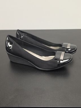 AK Sport Black Women's Wedge Ballet Wedges with Patent Toe Accent